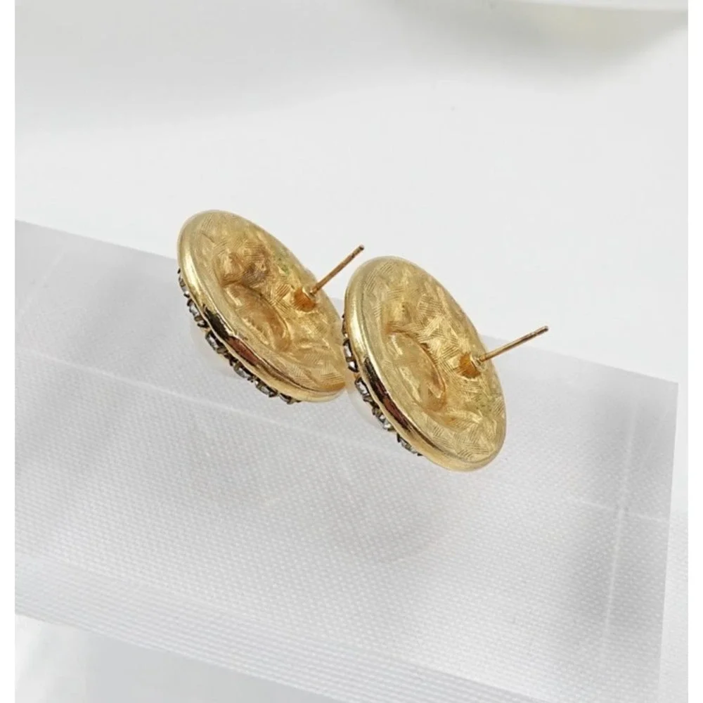 Vintage Rhinestone Halo Button Earrings Gold Tone Faux Pearl Dome Stud 80s Glam